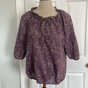 Ann Taylor loft tie neck blouse 3/4 sleeve 100% cotton buttons ruffle women’s S